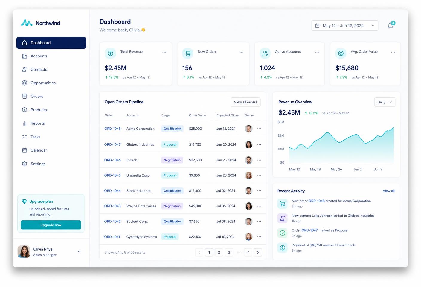 Example of a custom operational dashboard with accounts, activity and performance data